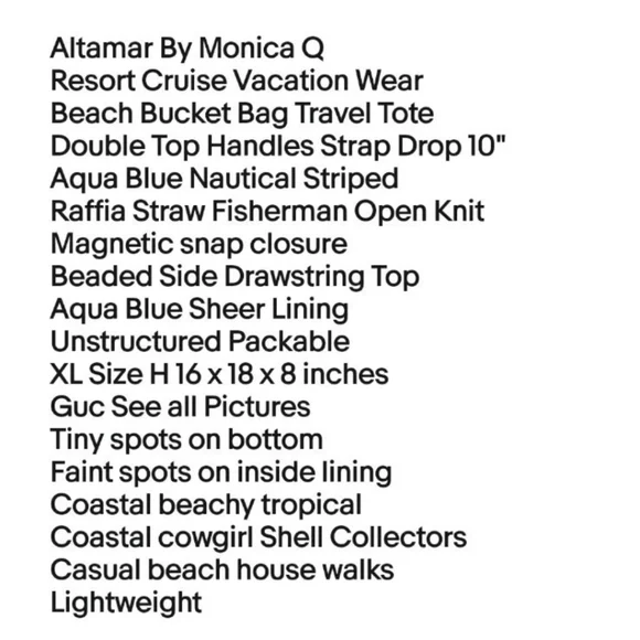 Altamar By Monica Q Raffi Resort Cruise Beach Bucket Bag Tote Beaded Drawstring - Picture 13 of 13